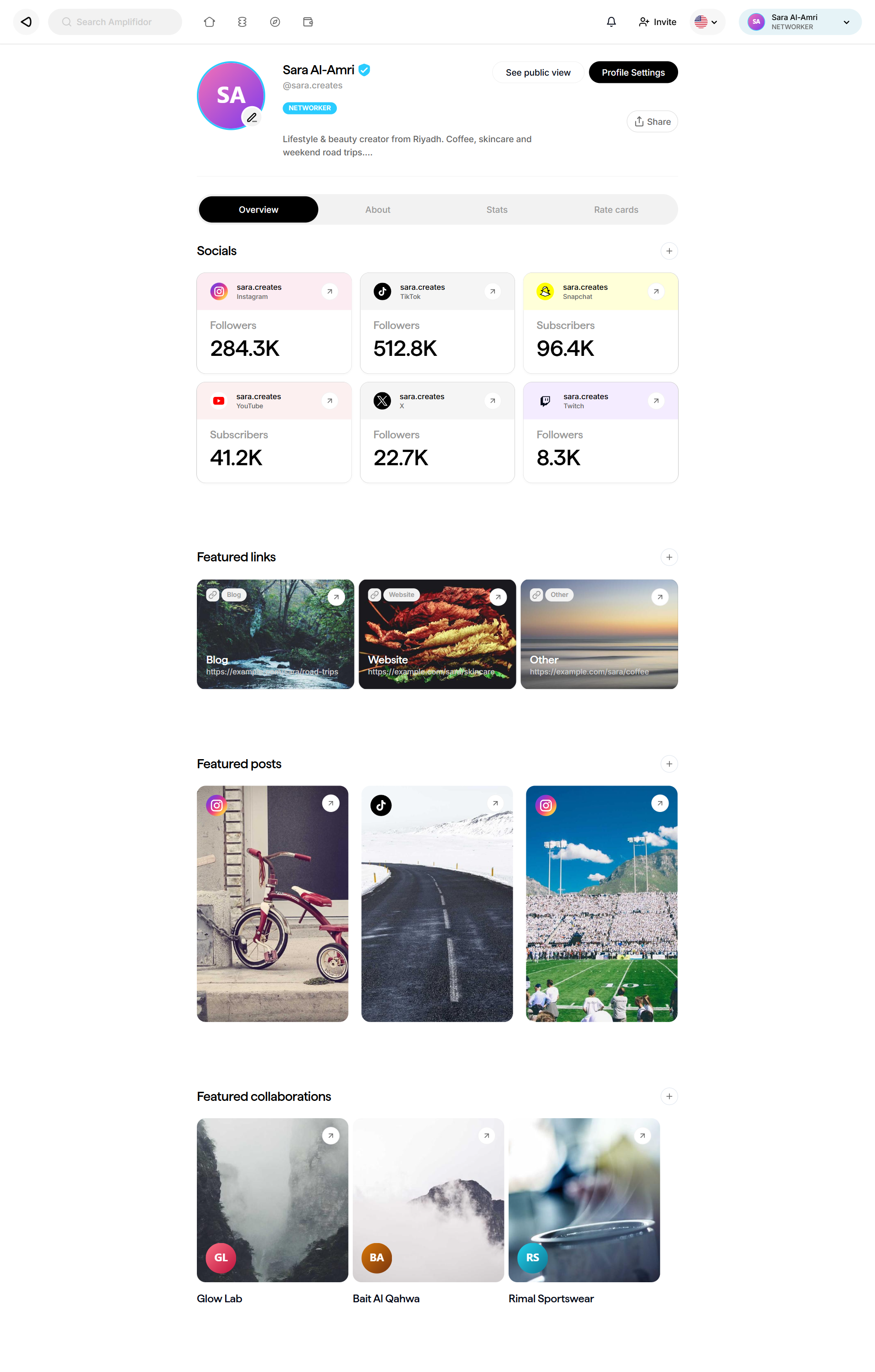 Amplifidor — creator profile with connected social accounts, featured links, posts and brand collaborations