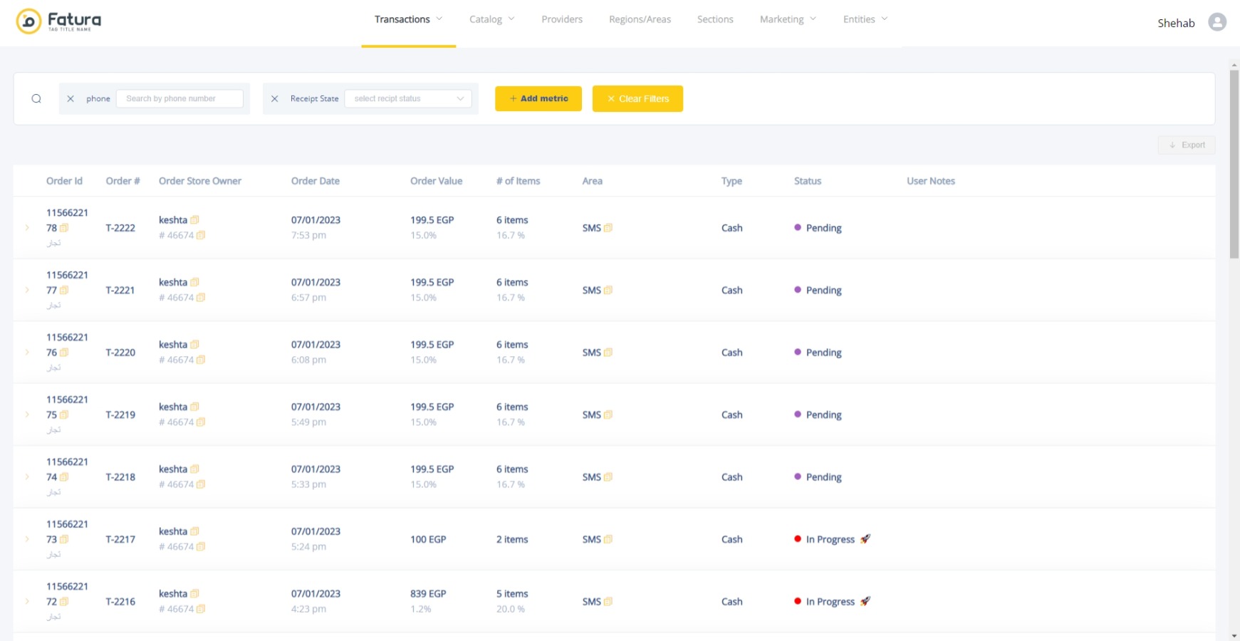 Fatura — orders and transactions console